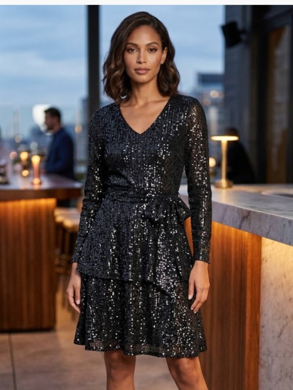 NWOT Nanette Lepore Sequin Long Sleeve Tiered Dress Black